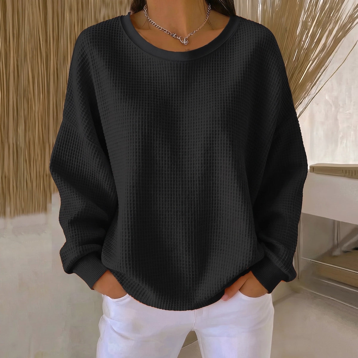 Sophie - Women's Oversized Waffle Knit Crewneck Sweater