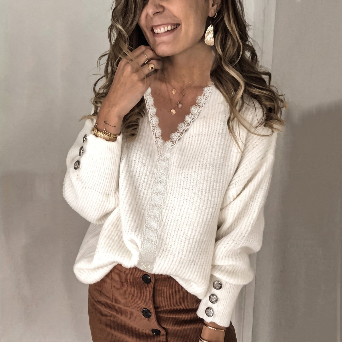 Sophie – Women’s Ribbed Knit V-Neck Sweater with Lace Trim