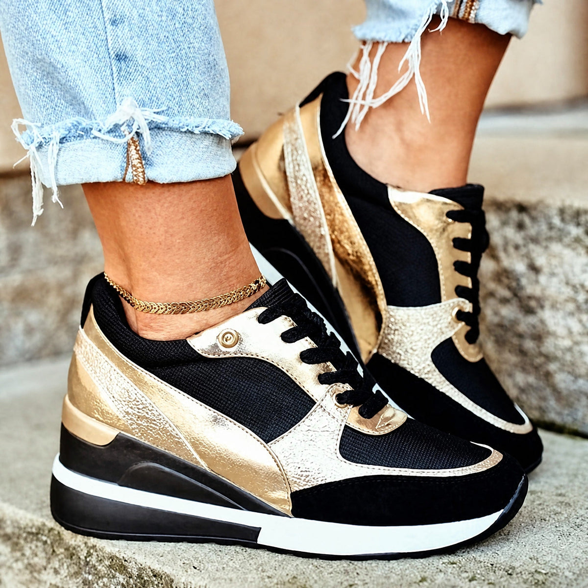 Wiktoria - Women's Supportive Wedge Sneakers with Perforated Panels